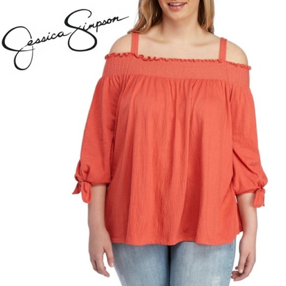 Jessica Simpson Plus Size Coral Off Shoulder Top - Picture 1 of 4